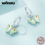 925 Silver Butterfly Dangle Earrings Rainbow Crystal Insect Ear Clips
