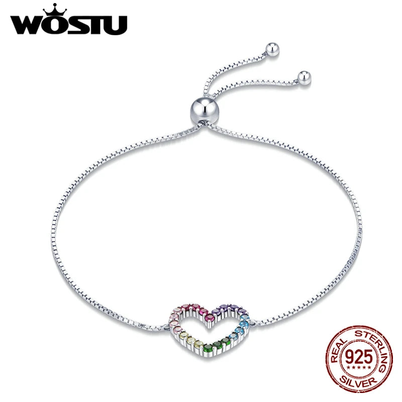 925 Silver Colorful Heart Love Bracelet Adjustable Chain Link