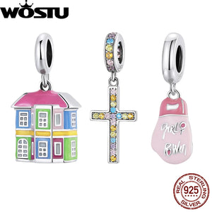925 Silver Hourse Charms Cross Beads Women Bracelet Necklace Jewelry Gift