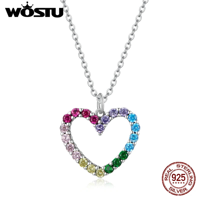 925 Silver Heart Necklace Rainbow Zircon Long Chain for Women