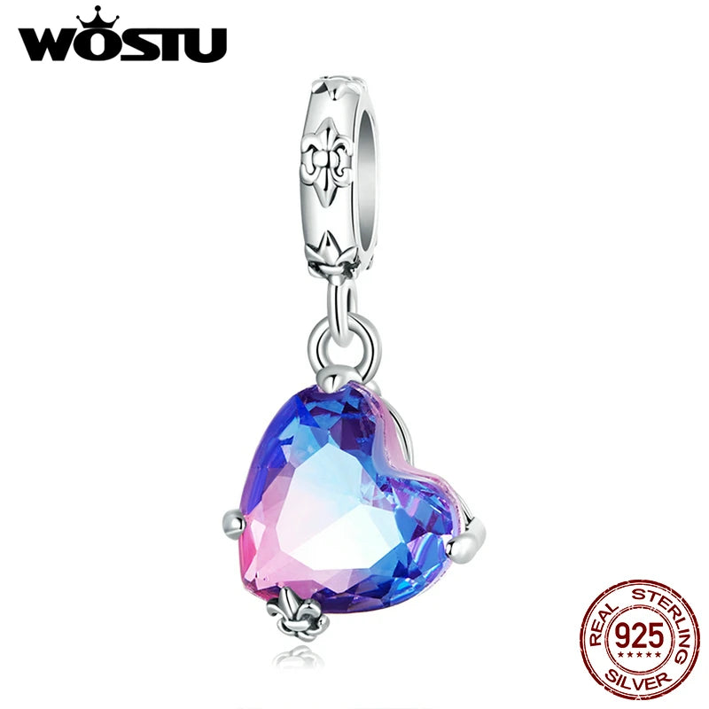 925 Silver Love Heart Pendant Charm Rainbow Beads Bracelet Jewelry