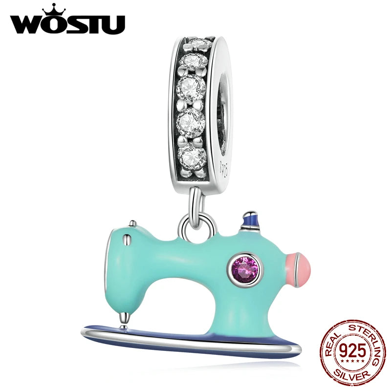 925 Silver Colorful Sewing Machine Charm Bead Pendant for Bracelet Necklace