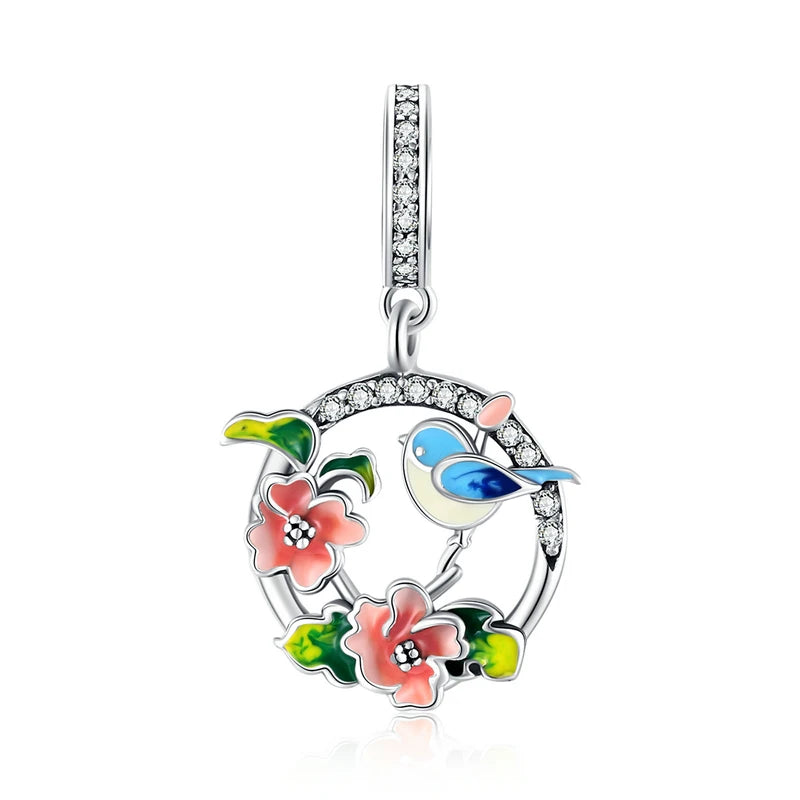 925 Silver Bird & Flower Pendant for Bracelet Necklace DIY Jewelry