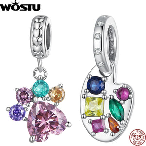 925 Silver Paw Bead Palette Pendant Colorful Zircons