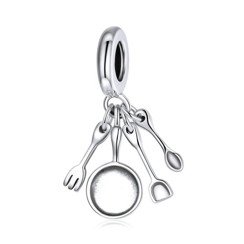 925 Sterling Silver Cooking Utensils Set Pendant Charm Scissors Bead