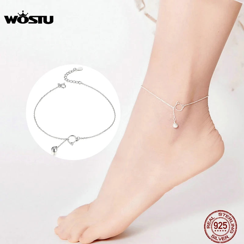 925 Silver Cat Anklet Beaded Foot Jewelry for Women Barefoot Sandal Chain