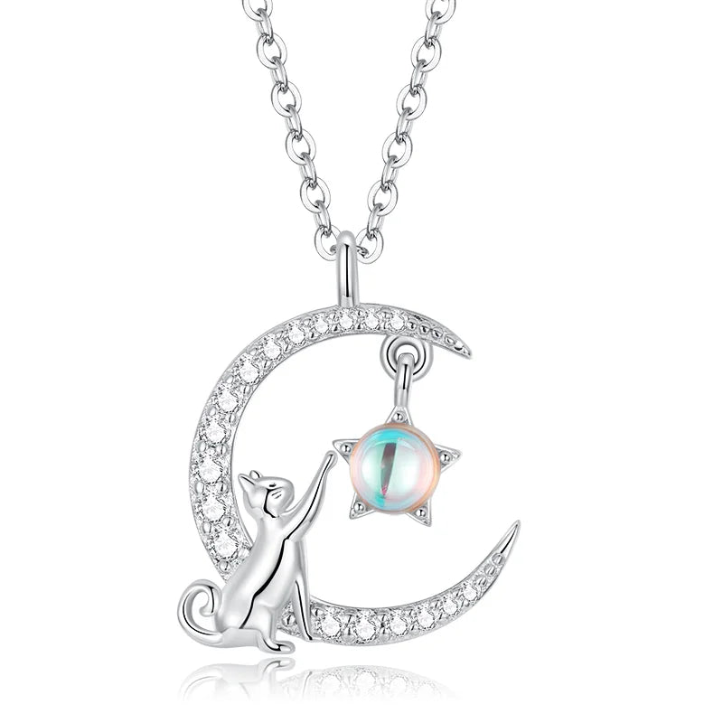 925 Silver Cat Rabbit Star Moon Necklace