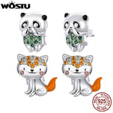 925 Silver Fox Panda Stud Earrings Rainbow Zircon Animals Ear Studs