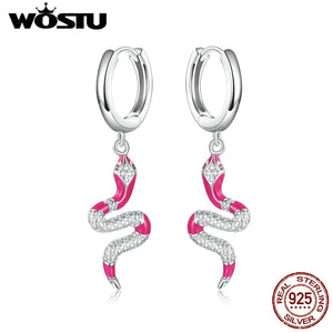 925 Silver Dark Style Rose Red Snake Drop Earrings Women Party Jewelry
