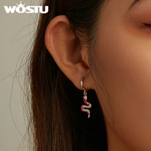 925 Silver Dark Style Rose Red Snake Drop Earrings Women Party Jewelry
