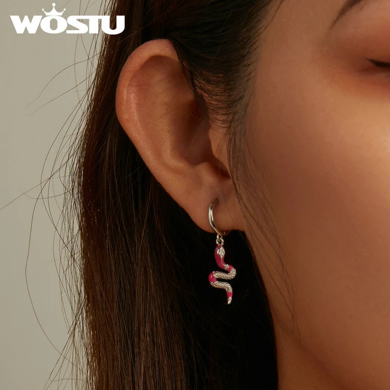 925 Silver Dark Style Rose Red Snake Drop Earrings Women Party Jewelry