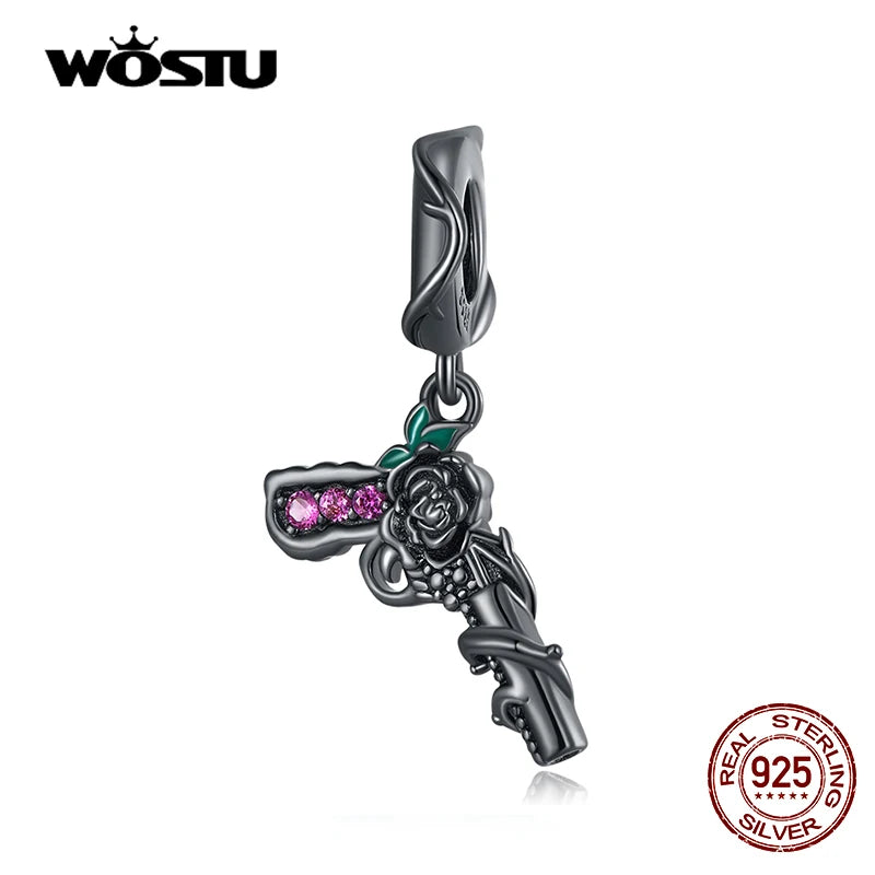 925 Sterling Silver Dark Pistol Rose Flower Charm Bead