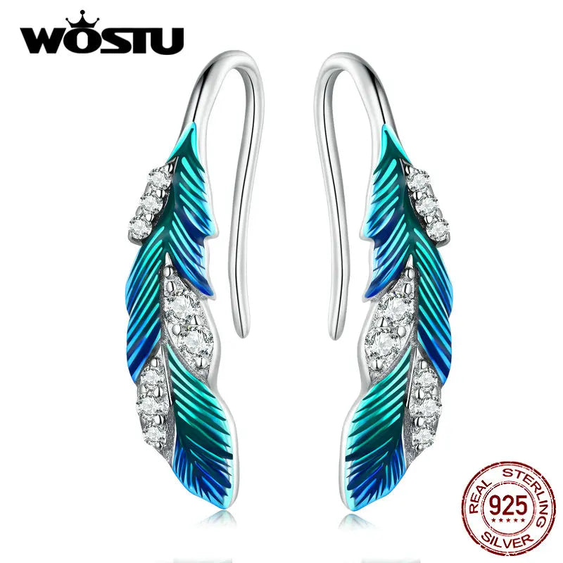 925 Silver Feather Drop Earrings Zircon Pave Setting Women Party Gift