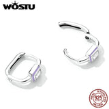 925 Silver Square Hoop Earrings Purple Enamel Zirconia Women Wedding Jewelry