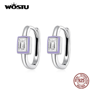 925 Silver Square Hoop Earrings Purple Enamel Zirconia Women Wedding Jewelry