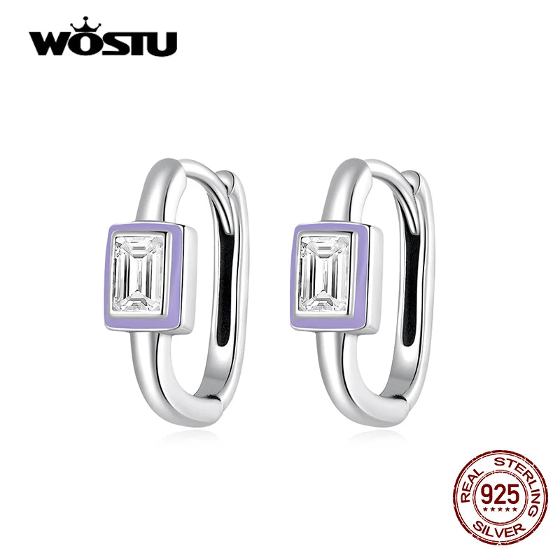 925 Silver Square Hoop Earrings Purple Enamel Zirconia Women Wedding Jewelry