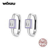 925 Silver Square Hoop Earrings Purple Enamel Zirconia Women Wedding Jewelry