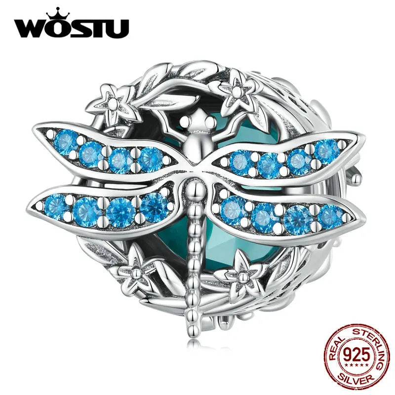 925 Silver Dragonfly Bead With Zircon & Glass Charm