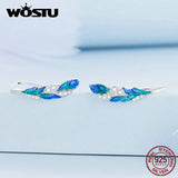 925 Silver Enamel Feather Drop Dangle Women Earrings CZ Long Earrings