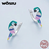 925 Silver Parrot Ear Clips 8mm Enamel Bird Statement High Fine Jewelry