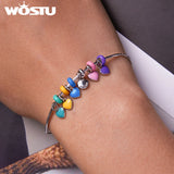 925 Silver European Bangle Bracelet with Rainbow Heart Charms for Women
