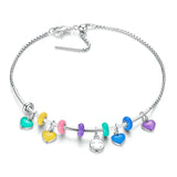 925 Silver European Bangle Bracelet with Rainbow Heart Charms for Women