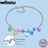 925 Silver European Bangle Bracelet with Rainbow Heart Charms for Women