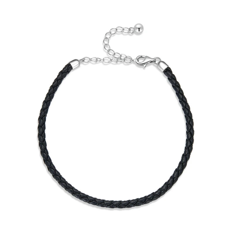 925 Silver Leather Bracelet Women Chain Link Jewelry