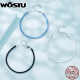 925 Silver Leather Bracelet Women Chain Link Jewelry