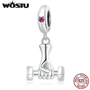 925 Silver Fitness Dumbbell Pendant Charms Sporty Women Fit DIY Jewelry