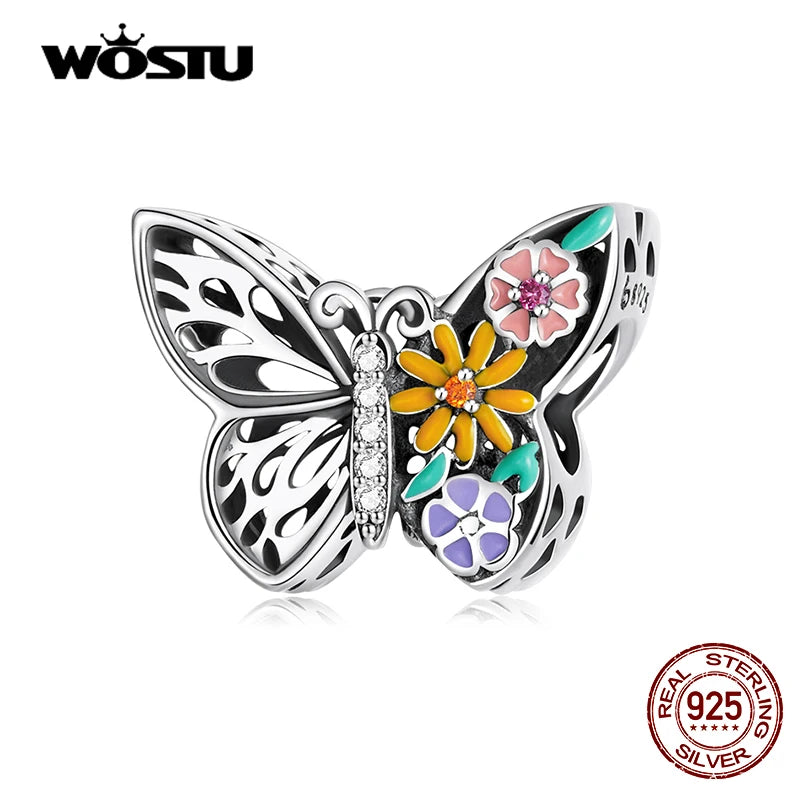 925 Silver Flower Butterfly Charm Pendant for Bracelet Necklace
