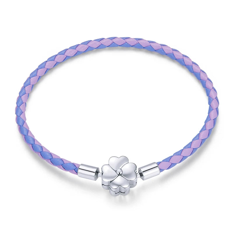925 Silver Flower Lock Bracelet Double Colors Leather Rope Bracelet