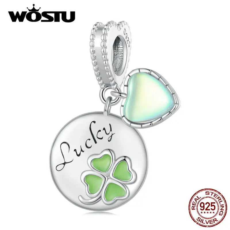 925 Silver Four-leaf Clover Bead with Tag Charms for Women