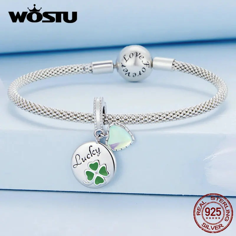 925 Silver Four-leaf Clover Bead with Tag Charms for Women