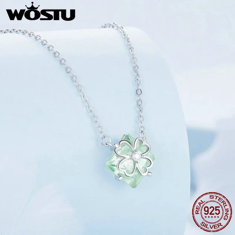 925 Silver Four-leaf Clover Pendant Green Glass Neck Chain Women Gift