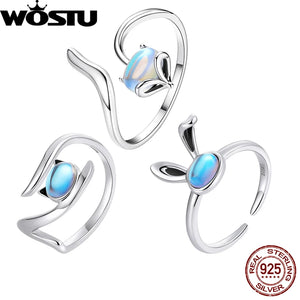 925 Silver Fox Cat Moonstone Ring Women Adjustable Cocktail Party Band