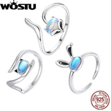 925 Silver Fox Cat Moonstone Ring Women Adjustable Cocktail Party Band