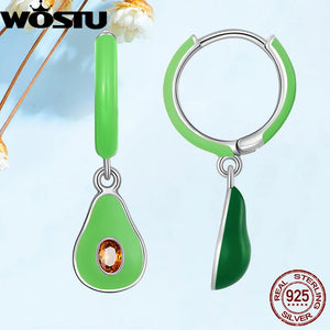 925 Silver Avocado Hoop Earrings Green Fruit Dangle Hook Plata