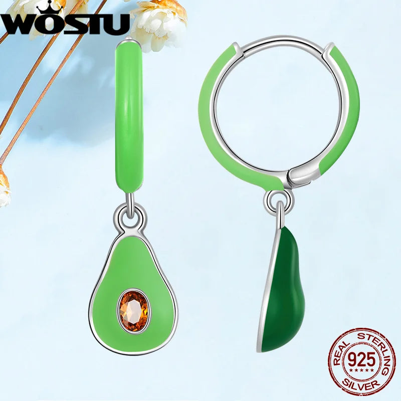 925 Silver Avocado Hoop Earrings Green Fruit Dangle Hook Plata