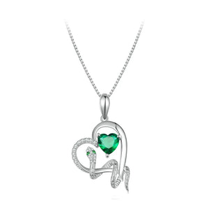 925 Silver Green Snake Pendant Necklace Love Heart Zircon Charm Necklace