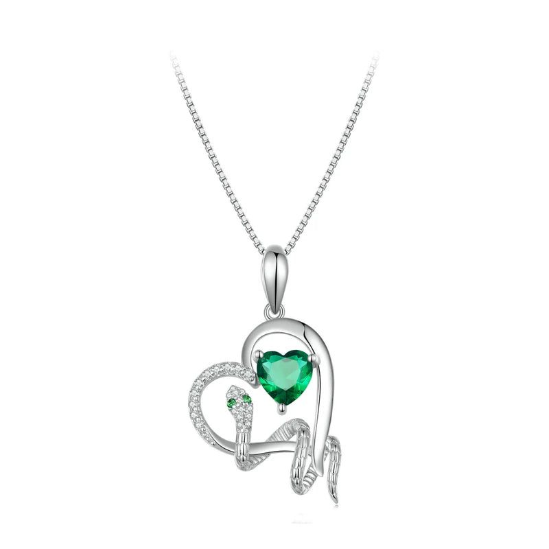 925 Silver Green Snake Pendant Necklace Love Heart Zircon Charm Necklace