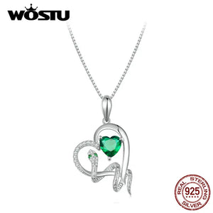 925 Silver Green Snake Pendant Necklace Love Heart Zircon Charm Necklace