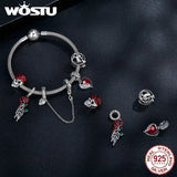925 Silver Red Rose Flower Skull Charms Witch Bat Bead
