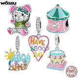 925 Sterling Silver Happy Birthday Bear Heart Charms Beads For Women