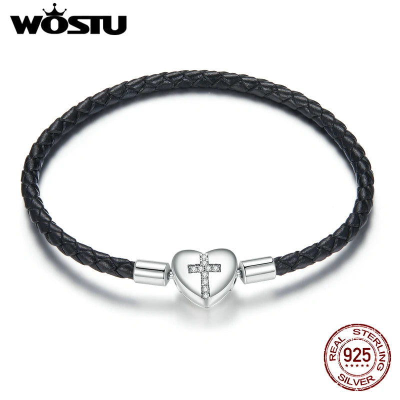 925 Silver Heart Lock Basic Bracelet Braided Leather Rope Bracelet