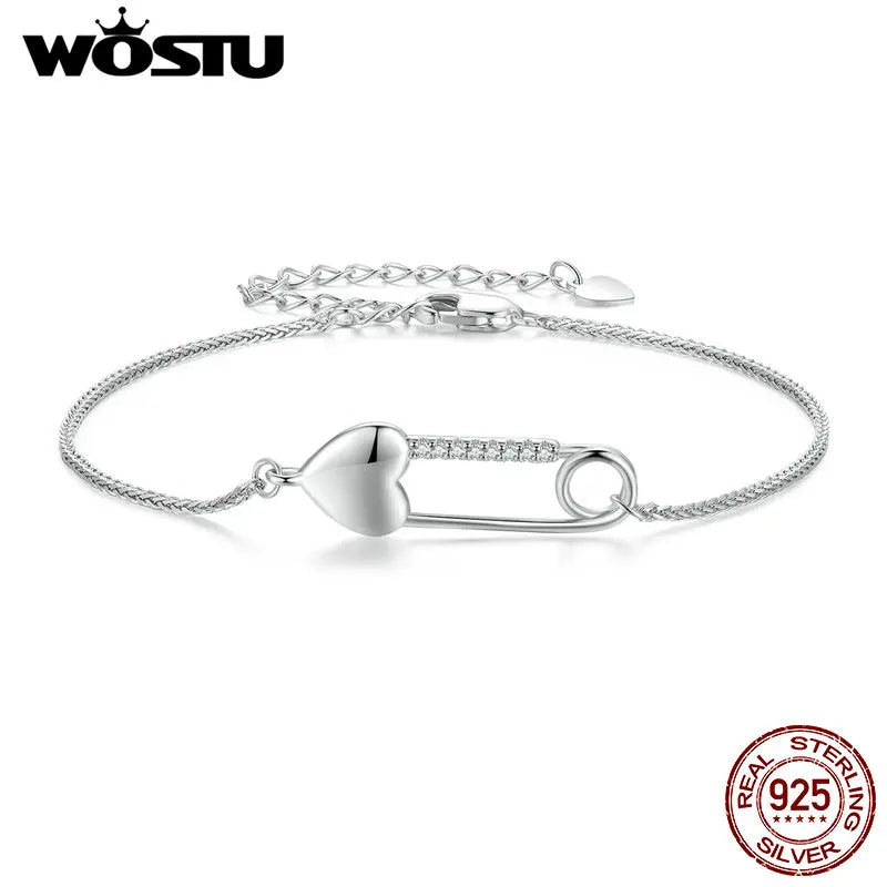 925 Silver Heart Button Pin Bracelet with Zircon
