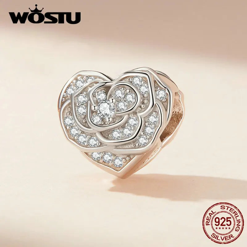 925 Silver Heart of Rose Bead with Zircon for Women