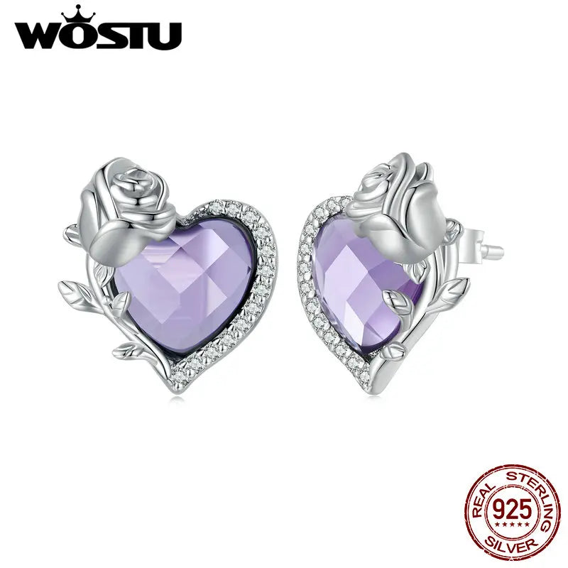925 Silver Blooming Rose Purple Zirconium Earrings