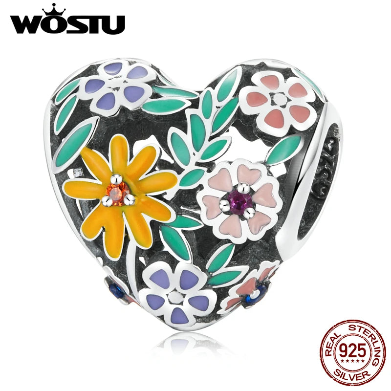 925 Silver Heart Pendant Flower Love Charm Bead for Bracelets Bangles