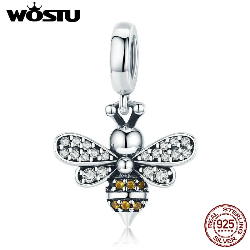 925 Silver Bee Crystal CZ Chain Bead Charms Bracelet Necklace Jewelry FIC821